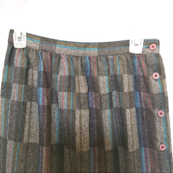 Vintage Oscar de la Renta black grey blue plaid wool button down midi skirt - Picture 3 of 8
